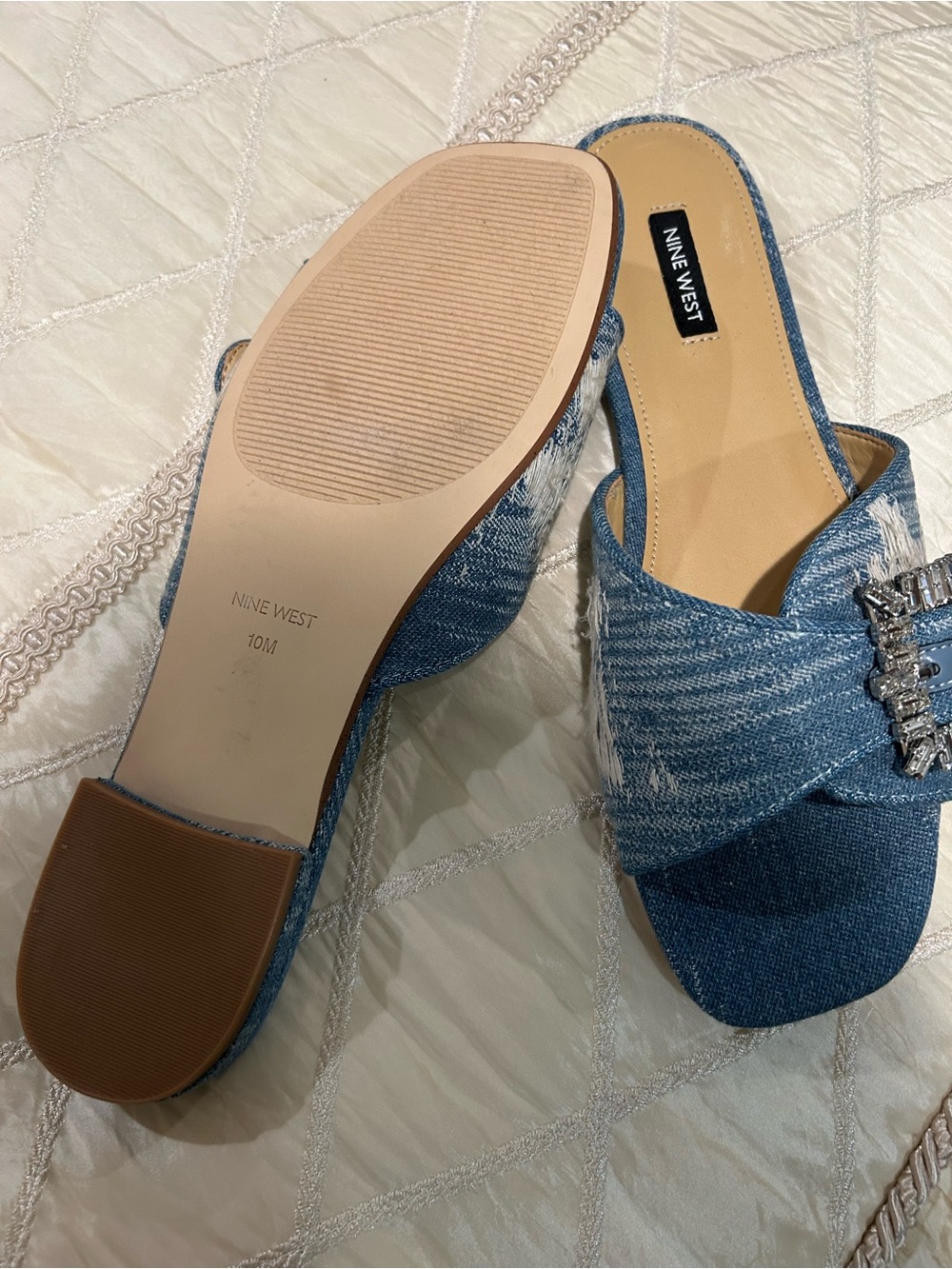 Nine West Denim Blue Crisscross Mules with Crystal Accent